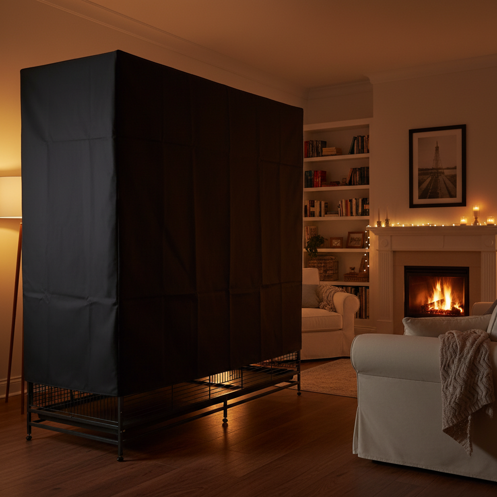 XL cage covered at night lifestyle